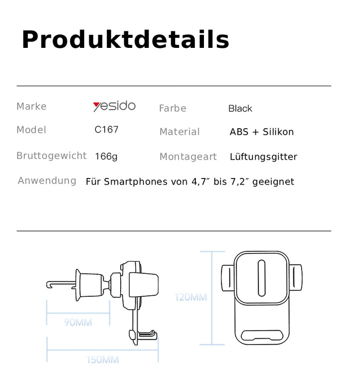 Handyhalterung Lüftungsgitter – geräuschfrei, Tastenschutz, 360° drehbar