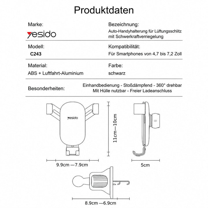 Handyhalterung Aluminium Lüftungsgitter – automatische Verriegelung