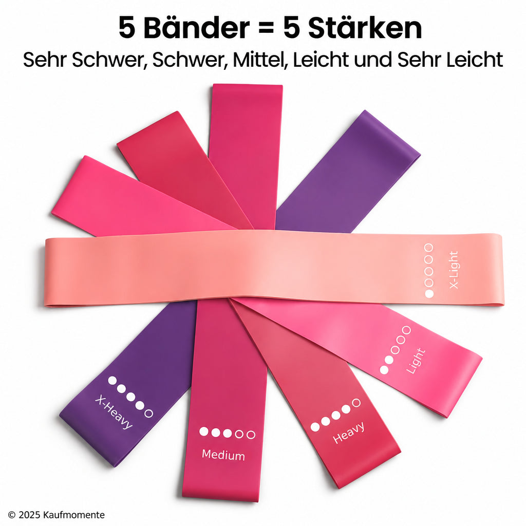 Fitnessbänder 5er Set - Latex o. TPE, inkl. Beutel &amp; Übungsanleitung