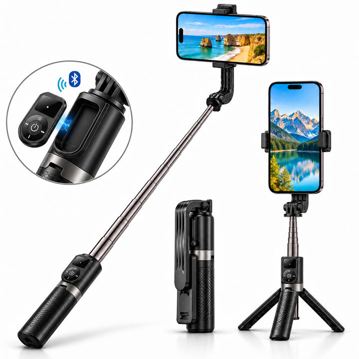 Selfie Stick mit Stativ &amp; Bluetooth Fernauslöser | 74 cm Auszug, 10 m Reichweit