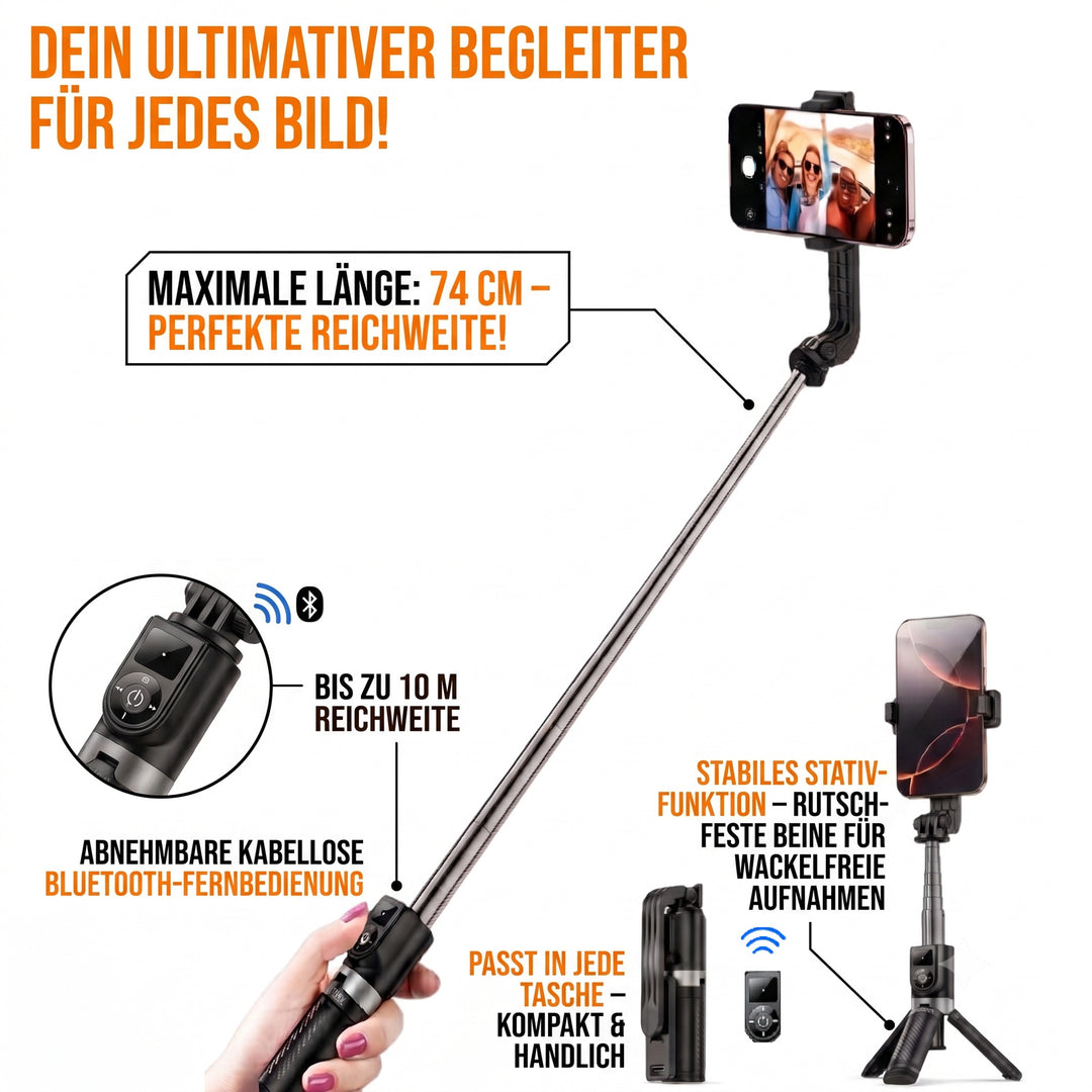 Selfie Stick mit Stativ &amp; Bluetooth Fernauslöser | 74 cm Auszug, 10 m Reichweit